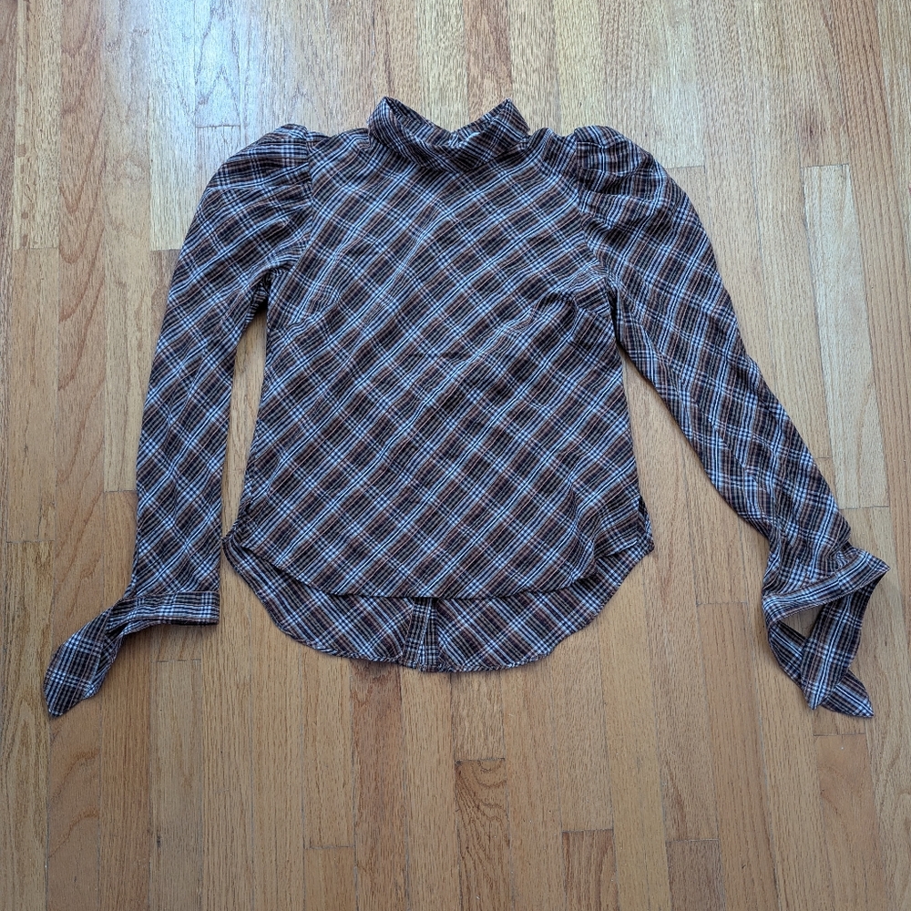 Veronica Beard Isabel Plaid Brown Puff Sleeve Button Back Blouse Size 8